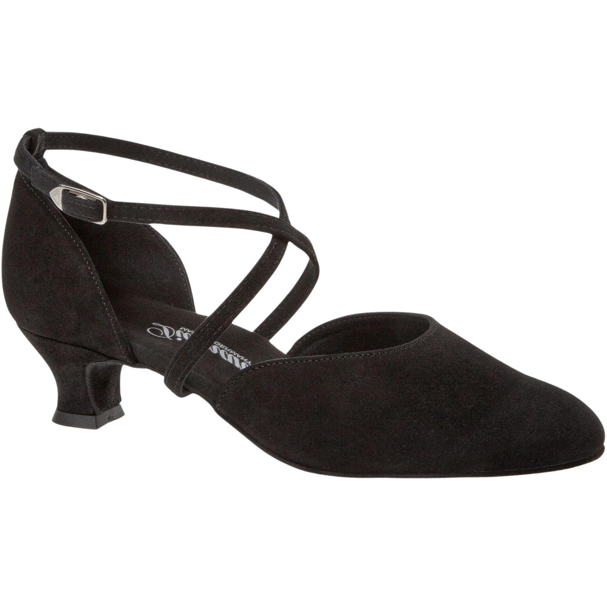 048 Tanzschuhe von Diamant: niedriger Absatz, Kreuzriemen-Design, stylische silberne Schnalle aus schwarzem Wildleder.